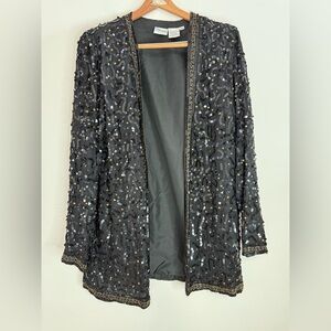Style Works Black & Gold Sequin Open Front Silk Jacket in size 14